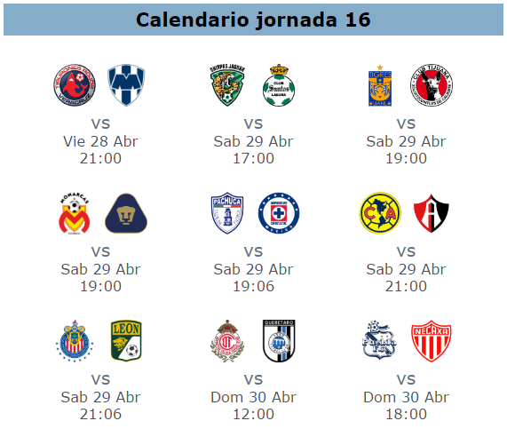 Calendario de la jornada 16 del clausura 2017 futbol mexicano